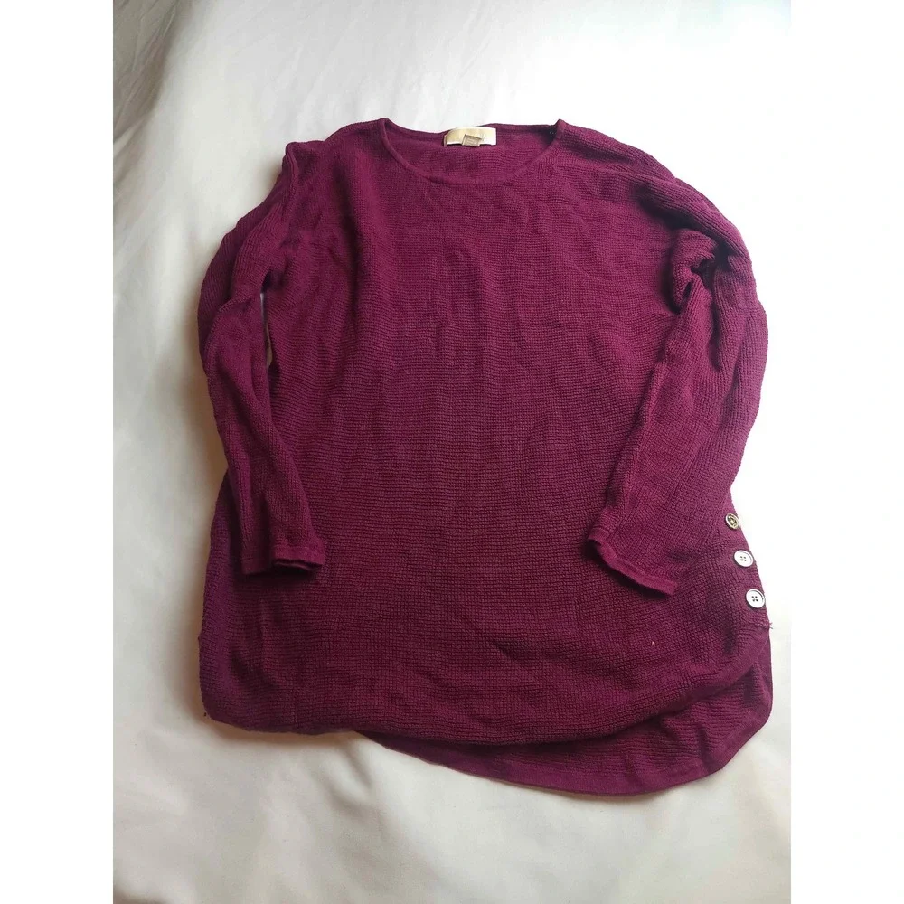 Michael Kors Womens Waffle Knit Side Button Tunic Sweater Burgundy Plum Medium